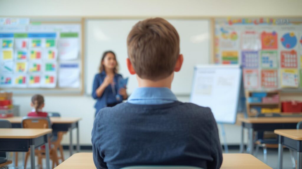 Elev följer lärarens tydliga genomgång i ett strukturerat klassrum, vilket illustrerar hur förutsägbarhet skapar trygghet och studiero.